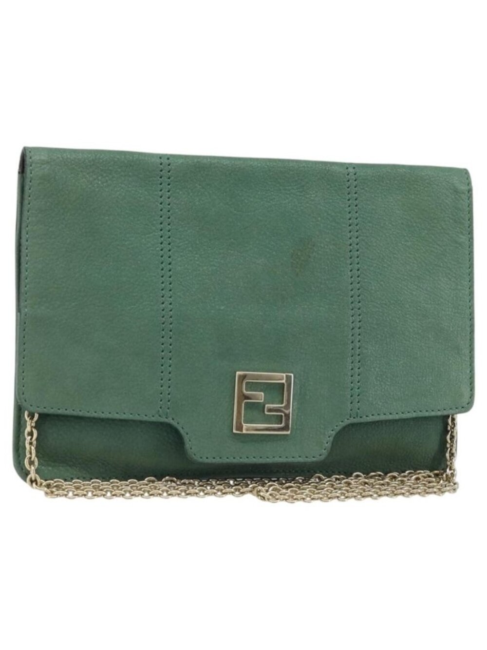 Authentic FENDI Chain Shoulder Bag Leather Green Gold